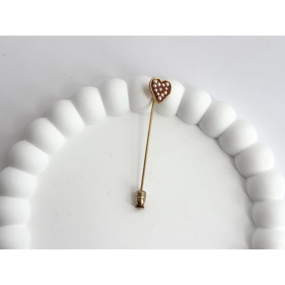 Heart Shaped Faux Pearl Accented Gold T Vintage Stick Pin | Hat Pin | Lapel Pin - Picture 5 of 10
